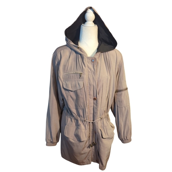 Vtg Gallery tan hooded zip front anorak utility Chore Coat long jacket sz XS - Picture 1 of 12